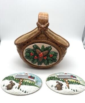 Rare Vintage Collectible Handcrafted Realistic Ceramic Basket in Christmas Motif
